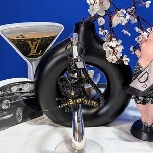 Bag Charm/ Keyring Black Sitting Bear With Bell And Bow Accents